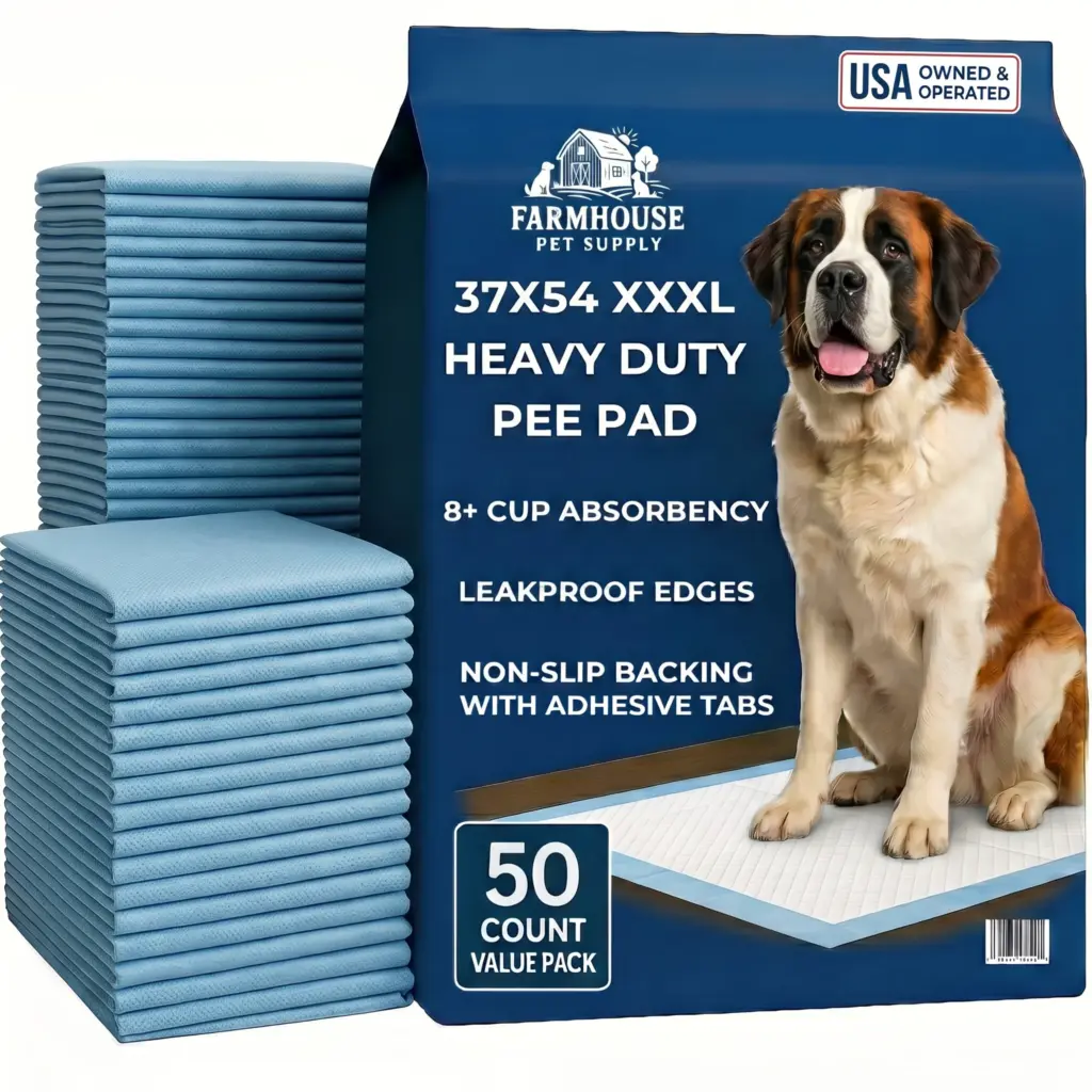 Farmhouse Pet Supply 37x54 XXXL heavy-duty dog pee pad packaging shown with a Saint Bernard, 50-count value pack with 8+ cup absorbency