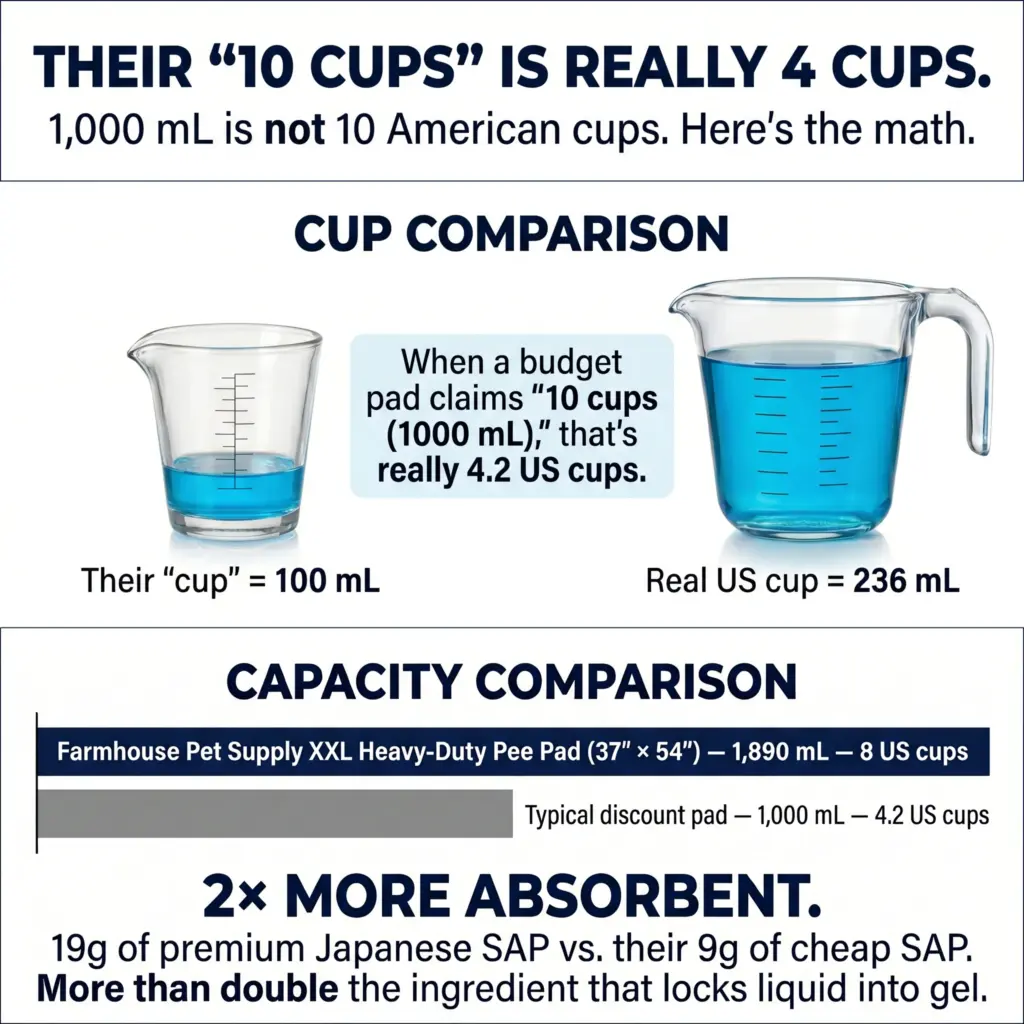Cup-size comparison: a real US cup is 236 mL, so the 37x54 pad's 1,890 mL equals 8 true US cups, not 10