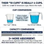 Cup-size comparison: a real US cup is 236 mL, so the 37x54 pad's 1,890 mL equals 8 true US cups, not 10