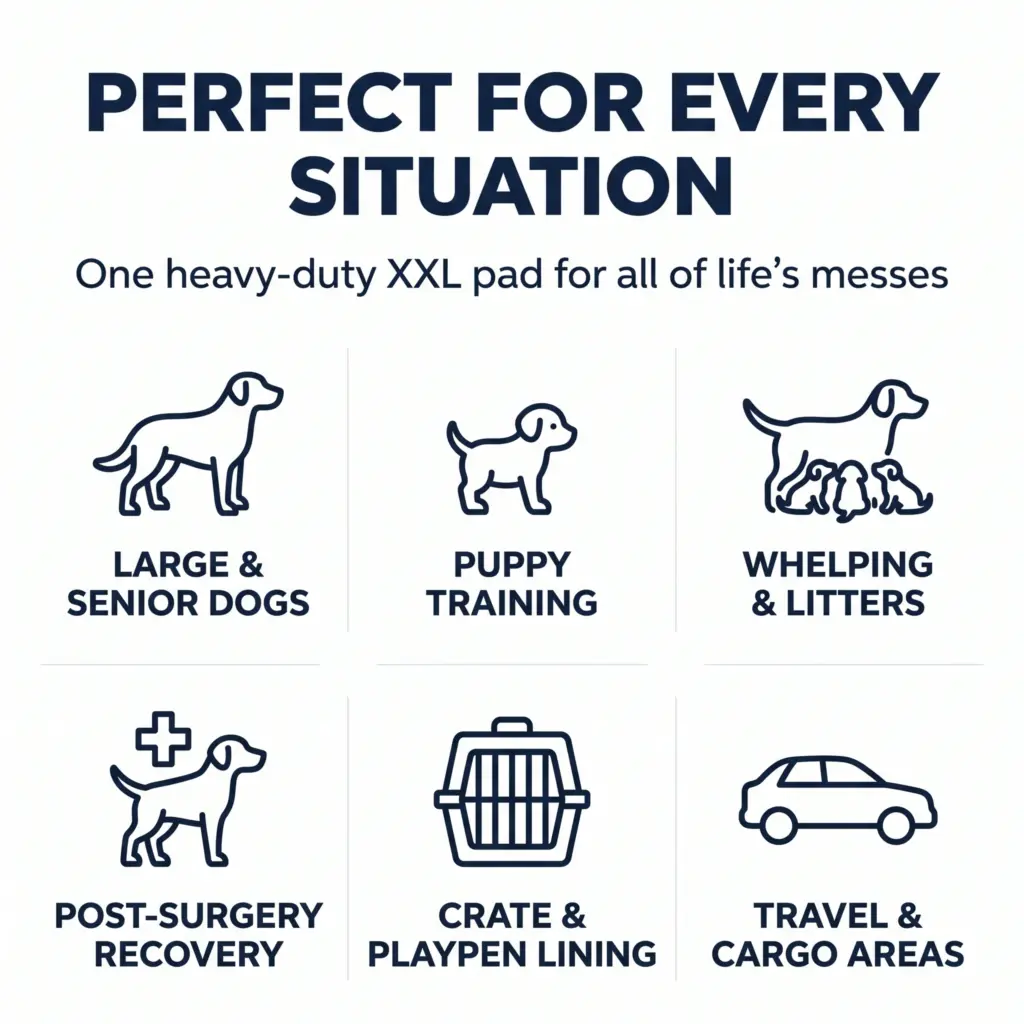 Use cases for the 37x54 XXXL pee pad: large and senior dogs, puppy training, whelping, post-surgery recovery, crates, and travel