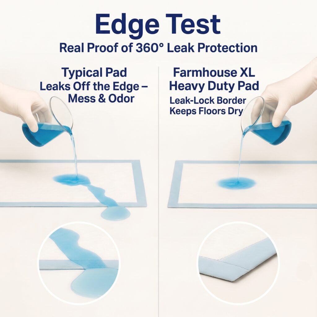 36x36 pee pad sealed leak-proof edge holding liquid on hardwood floor