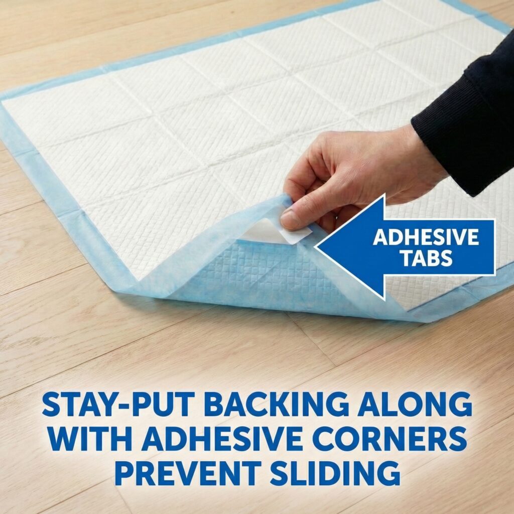 Four-corner adhesive tabs holding 36x36 pee pad flat to floor
