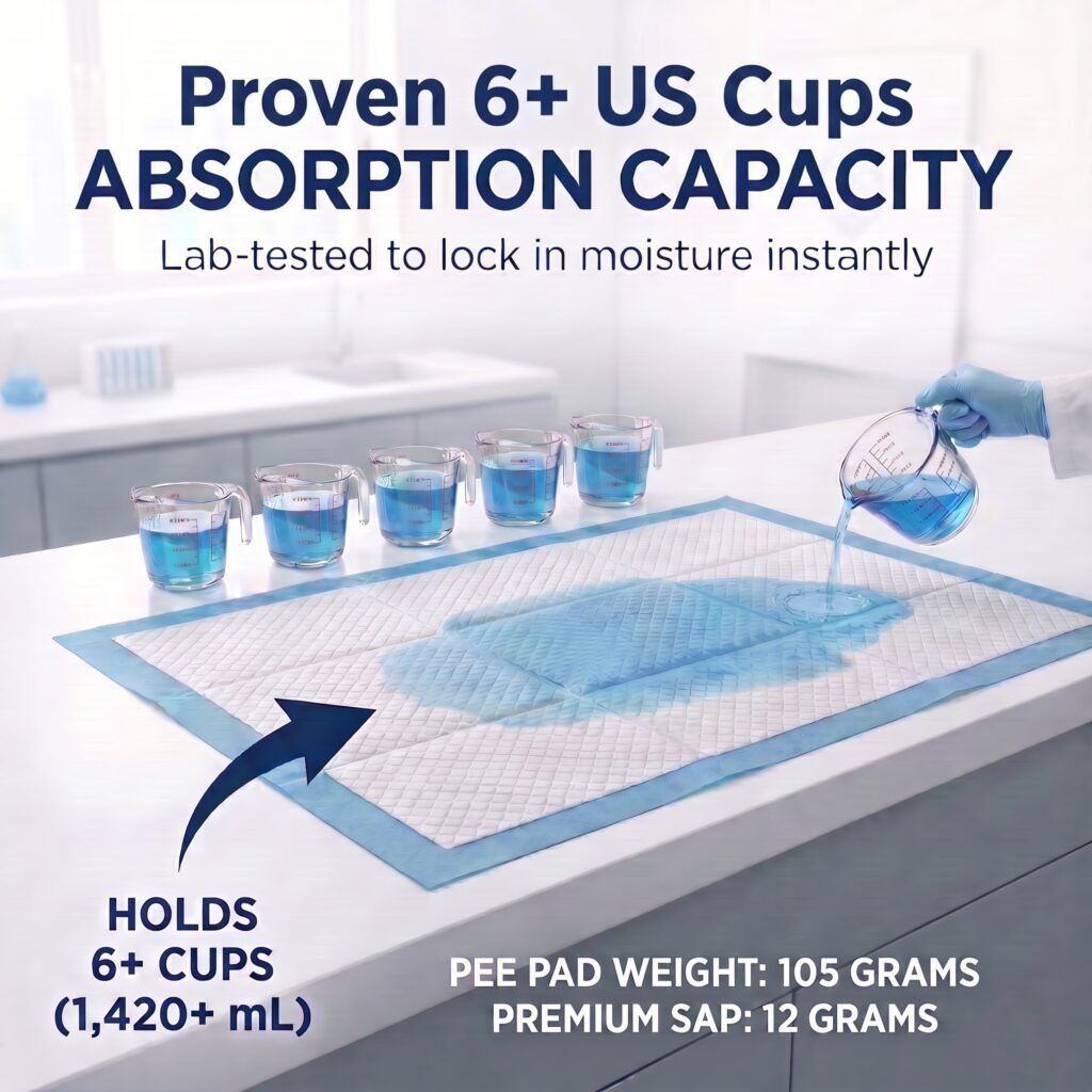 30x36 dog pad absorbing 6 cups of liquid in absorbency test