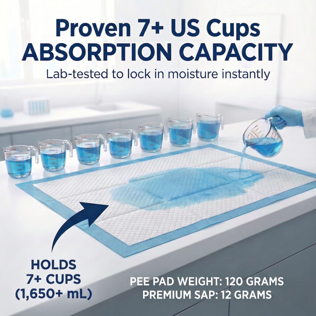 36x36 dog pad absorbing 7 cups of liquid, lab absorbency test