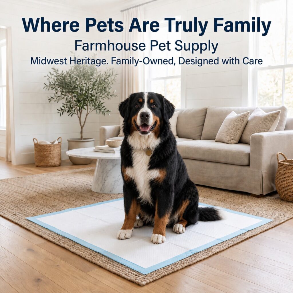 Bernese Mountain Dog sitting on 36x36 XXL pee pad in living room