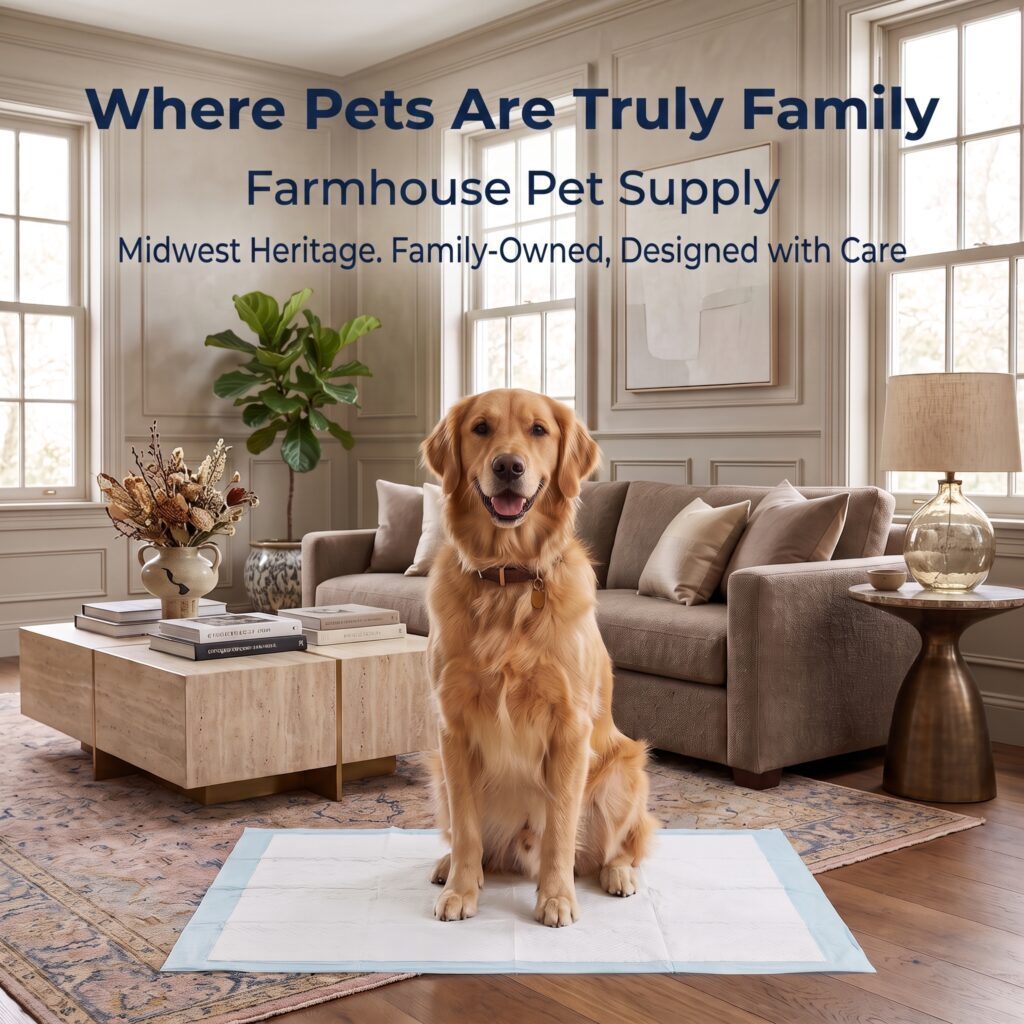 Golden Retriever sitting on a Farmhouse Pet Supply dog pee pad in a living room — Midwest family-owned brand