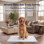 Golden Retriever sitting on a Farmhouse Pet Supply dog pee pad in a living room — Midwest family-owned brand
