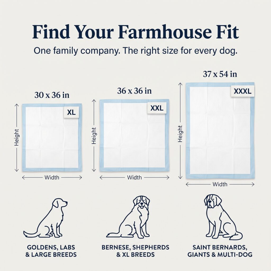 Farmhouse dog pee pad size chart XL 30x36 XXL 36x36 XXXL 37x54