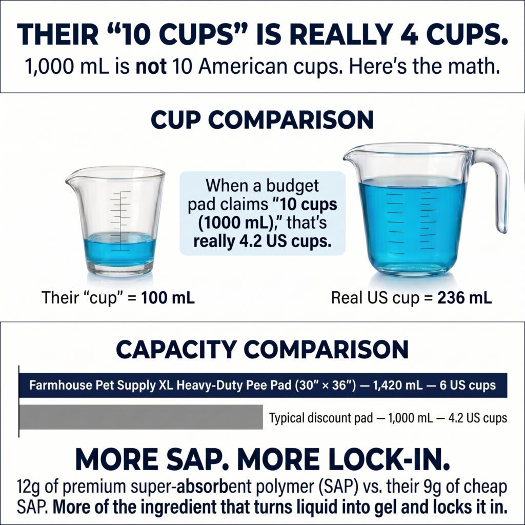 30x36 pad holds 6 true US cups versus inflated competitor claims