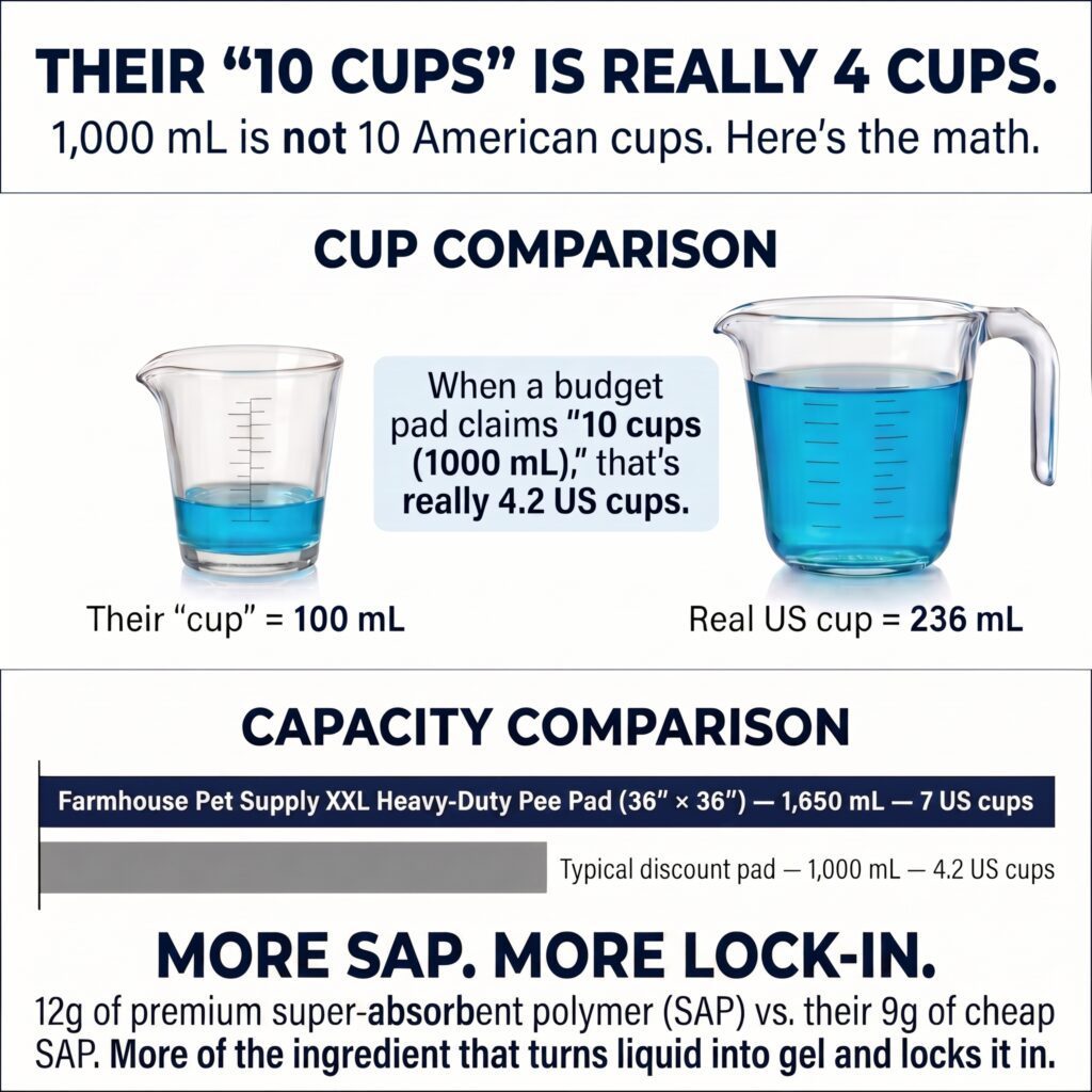 36x36 pad holds 7 true US cups versus inflated competitor cup claims