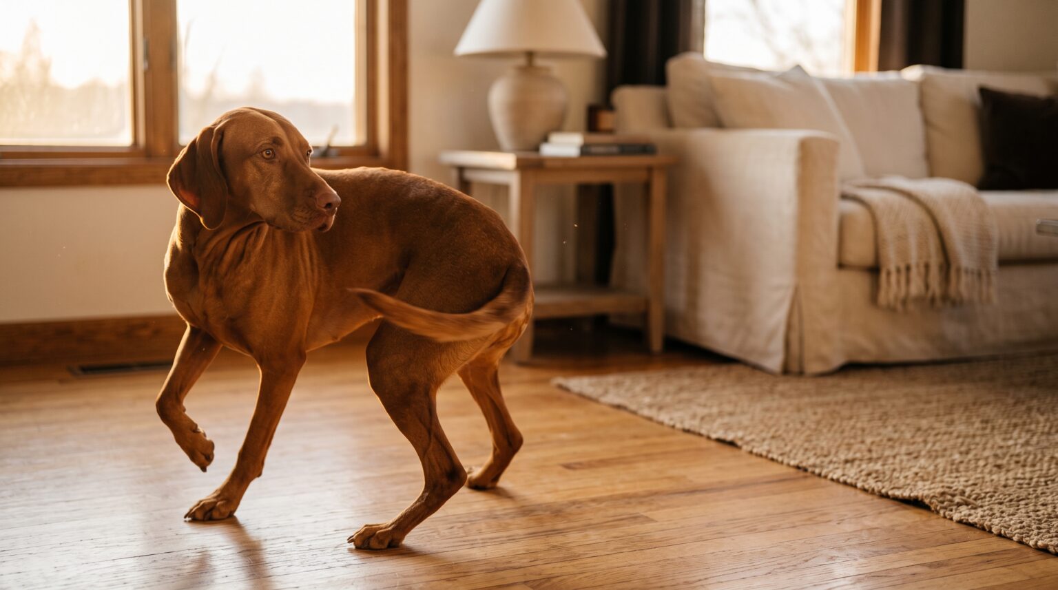 A Vizsla circling on a hardwood floor in a sunlit living room, mid-turn before settling — the pre-potty spin.