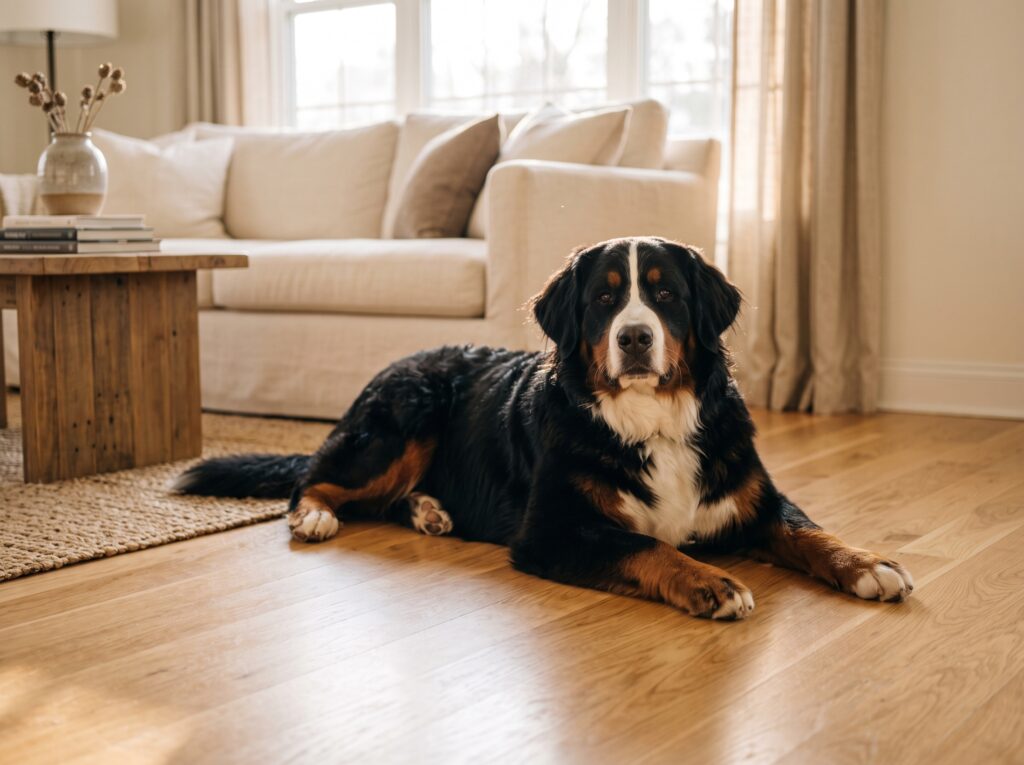 A Bernese Mountain Dog resting on a clean hardwood floor