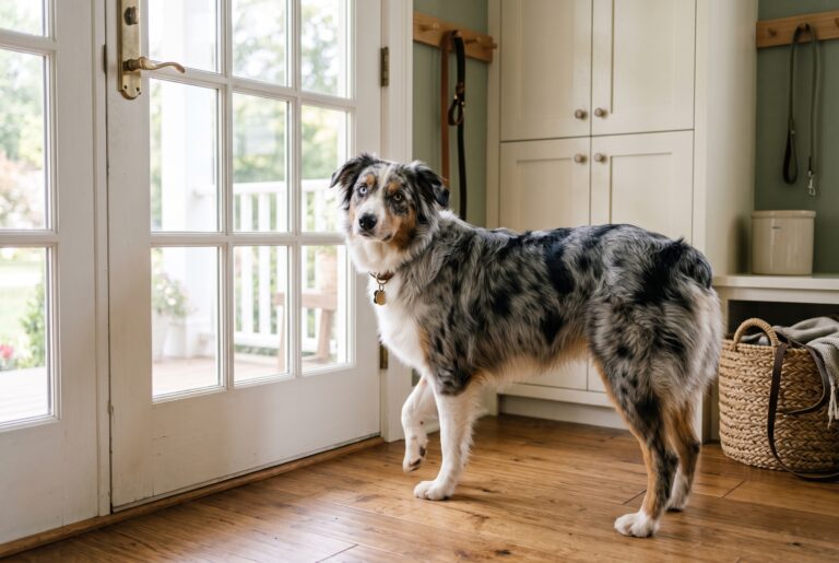 A blue merle Australian Shepherd standing at the back door looking back to ask to go out