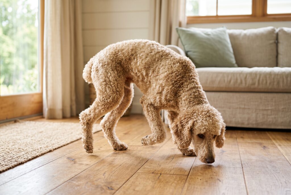 A standard poodle sniffing and circling a spot on the floor before going
