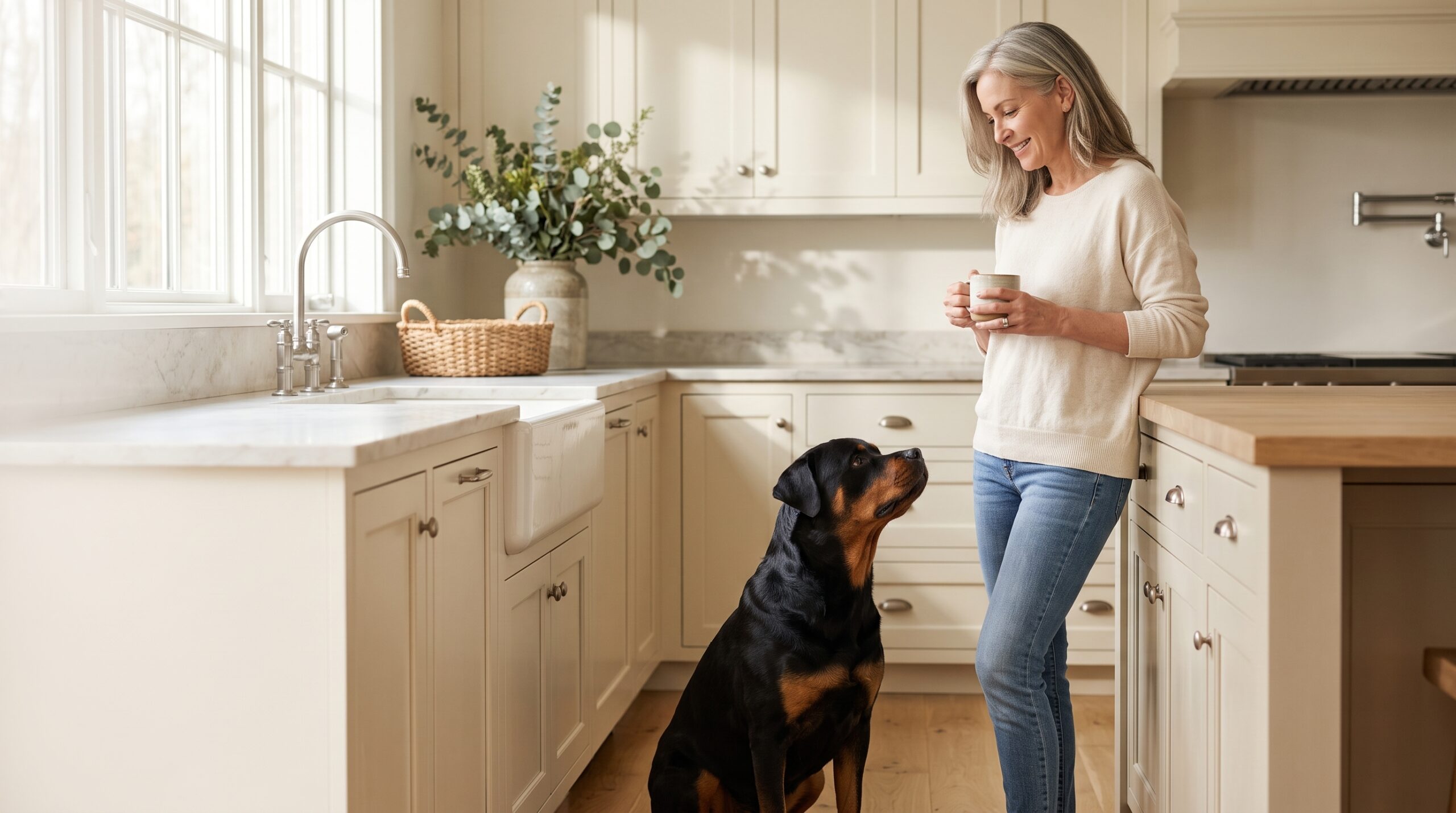 A woman in a farmhouse kitchen glancing down at her Rottweiler as the dog looks up at her