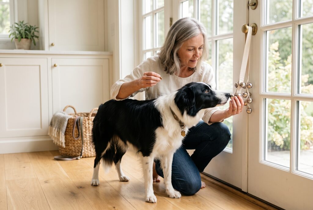 A woman teaching a Border Collie to touch a set of door bells with its nose to ask to go out