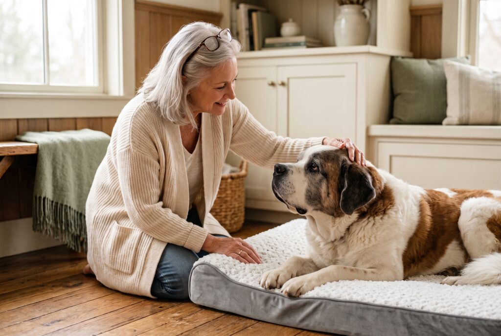 A woman gently stroking her senior Saint Bernard resting on a dog bed