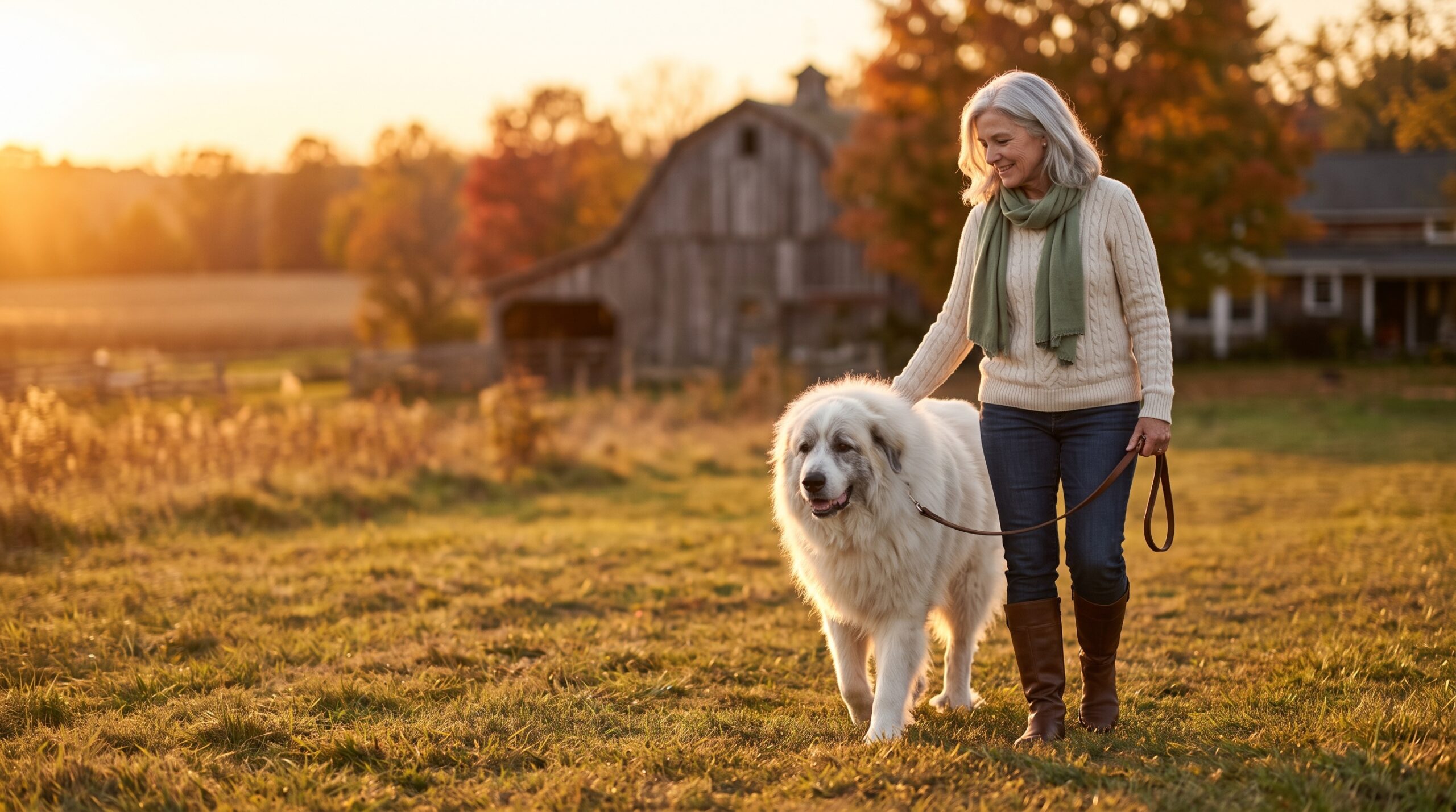 A woman walking slowly with her senior Great Pyrenees across a farmhouse yard at golden hour