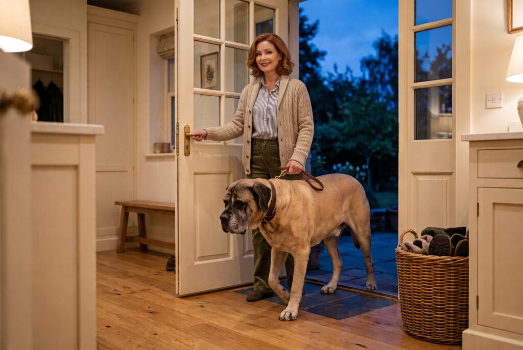 A woman letting her senior Mastiff out the back door for a last potty trip before bed at dusk