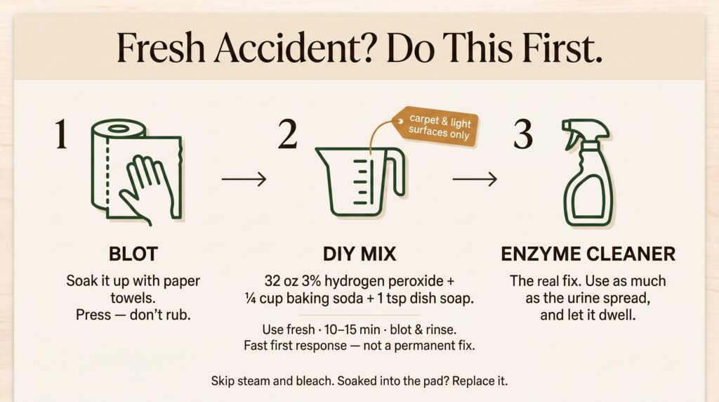 Fresh accident response: blot, optional DIY peroxide mix, then enzyme cleaner