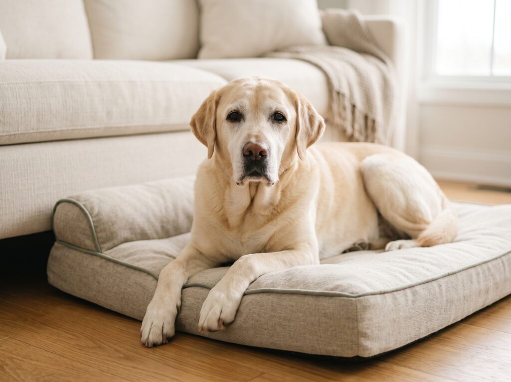 A senior yellow Labrador resting on a plush dog bed