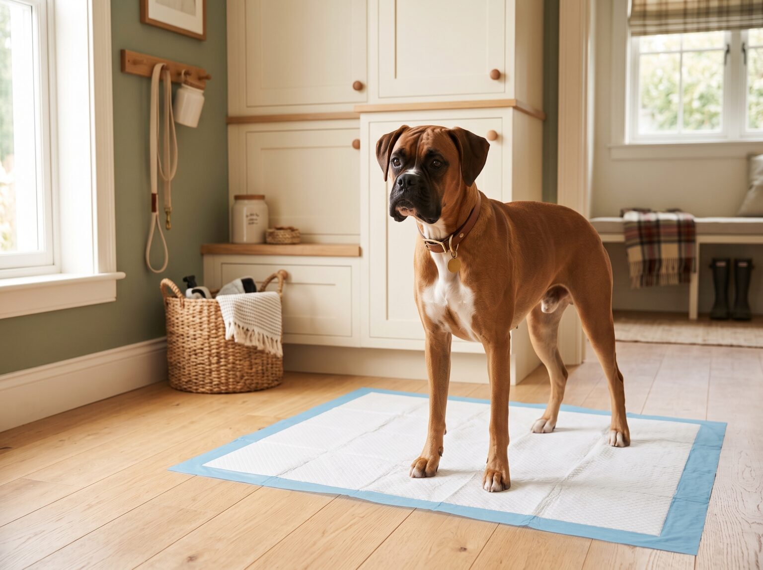 A fawn Boxer standing calmly on a large white pee pad in a bright farmhouse kitchen