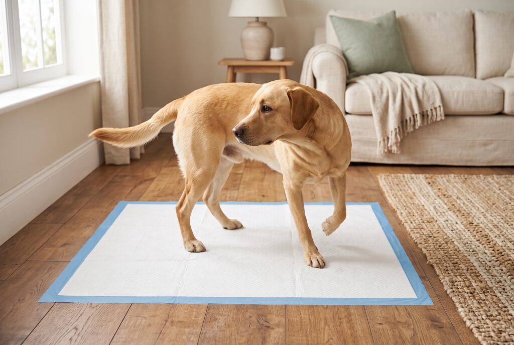 A yellow Labrador turning in a circle on a large pee pad with room to spare