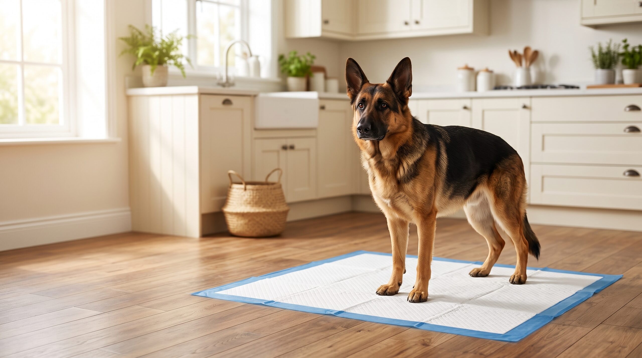 A calm German Shepherd standing on a large pee pad in a bright farmhouse kitchen