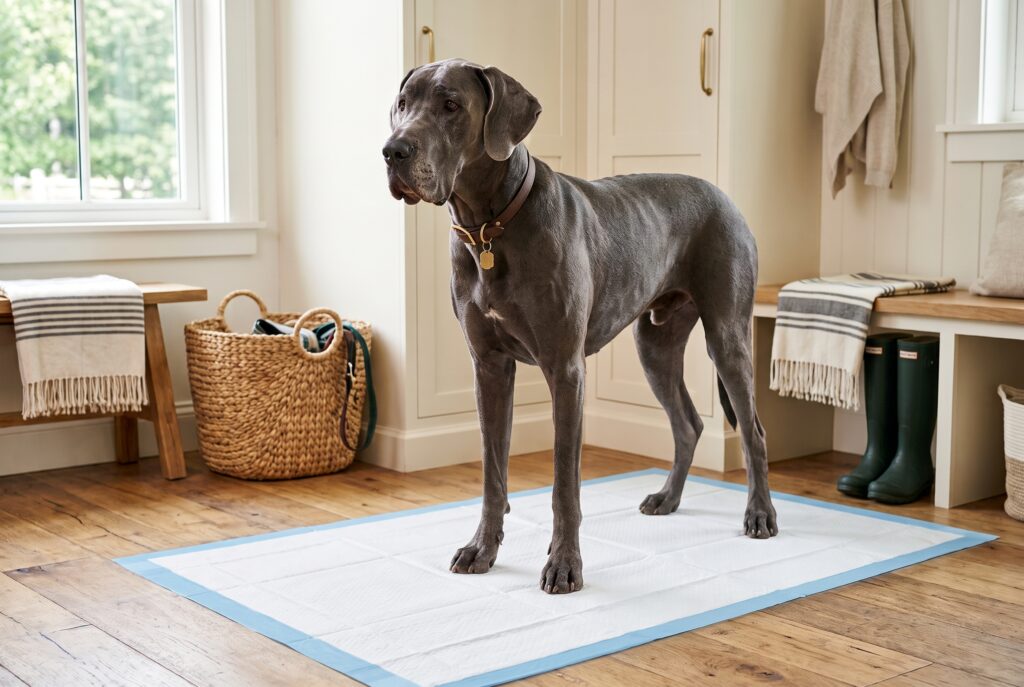 A Great Dane standing on a large pee pad anchored in a weighted pad-holder tray
