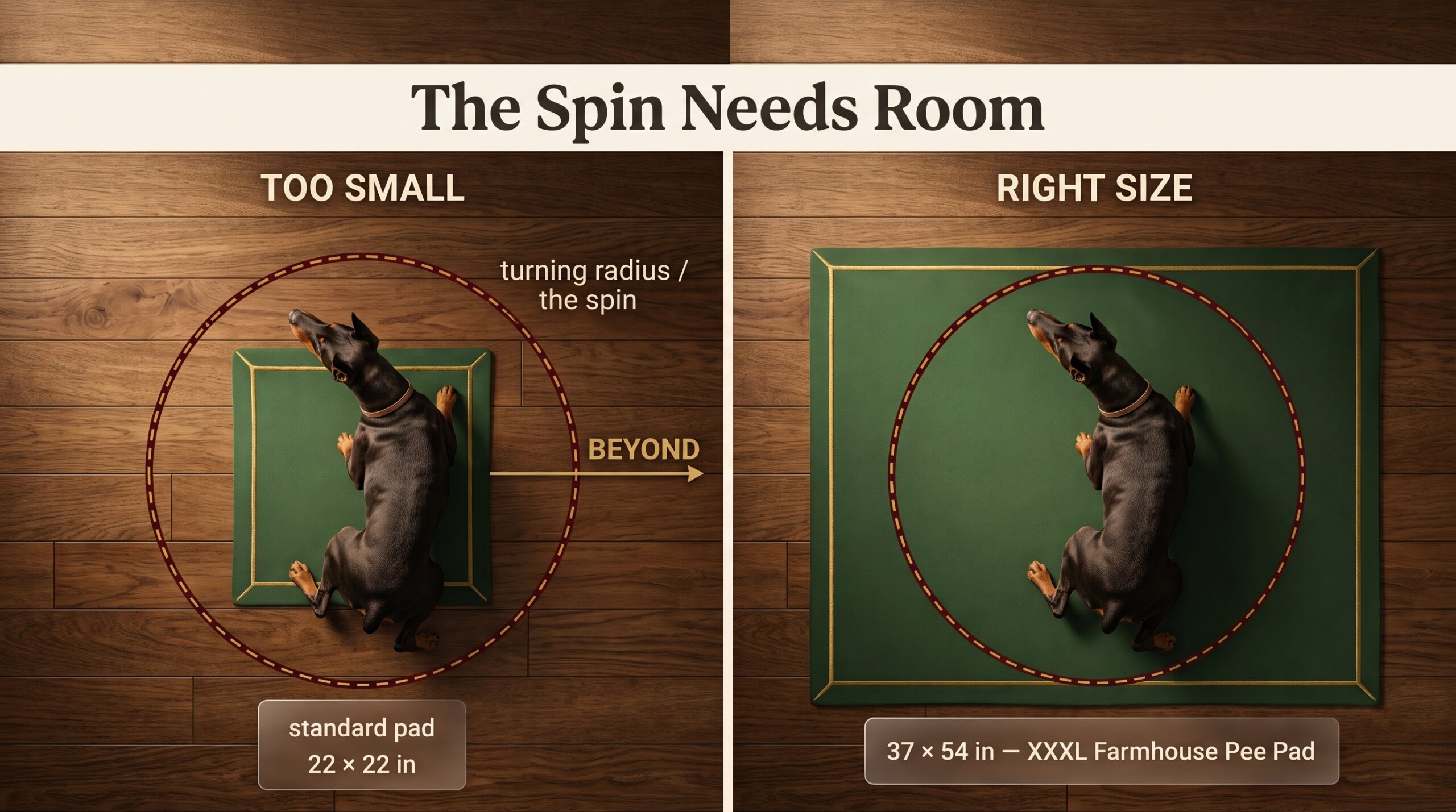 Top-down comparison: a Doberman's turning circle overflows a 22x22 pad but fits a 37x54 XXXL Farmhouse pee pad.