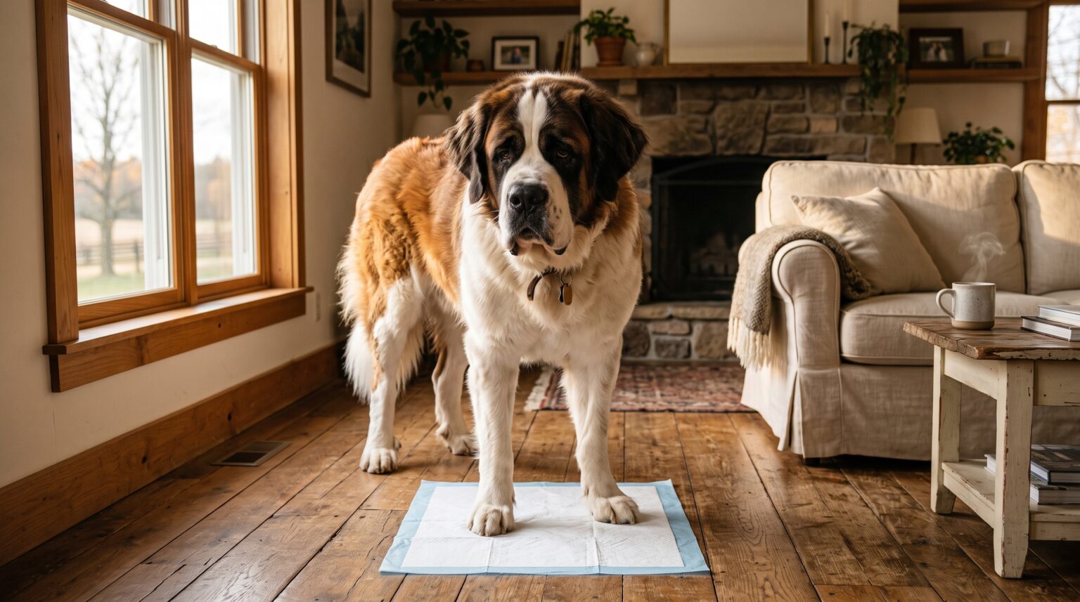A Saint Bernard standing on a standard-size pee pad that is far too small for his body, in a bright farmhouse living room with a stone fireplace.