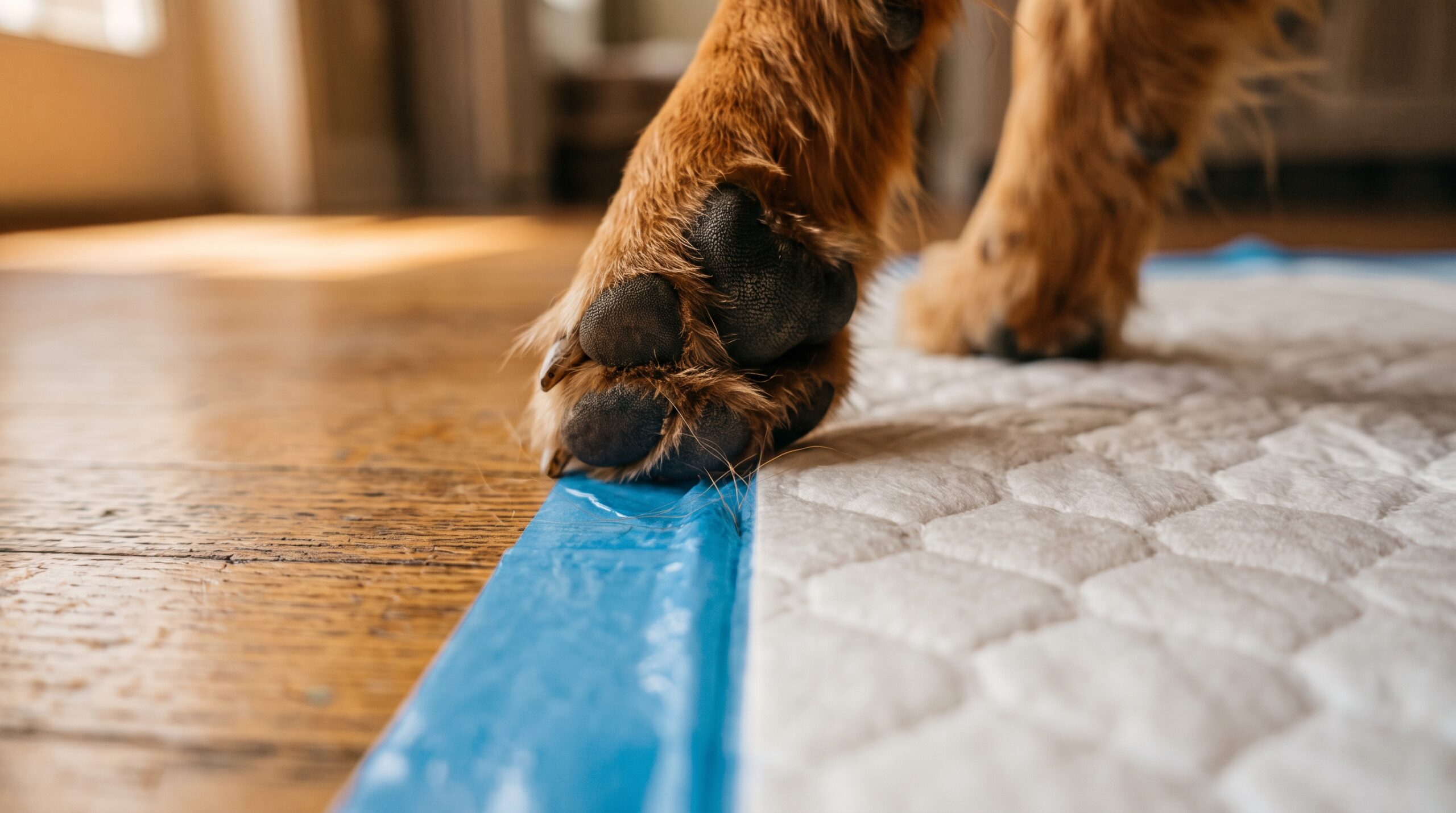 Close-up of a large dog's paw at the edge of a pee pad, resting on the flat blue plastic border beside the thick white absorbent core, on oak hardwood.