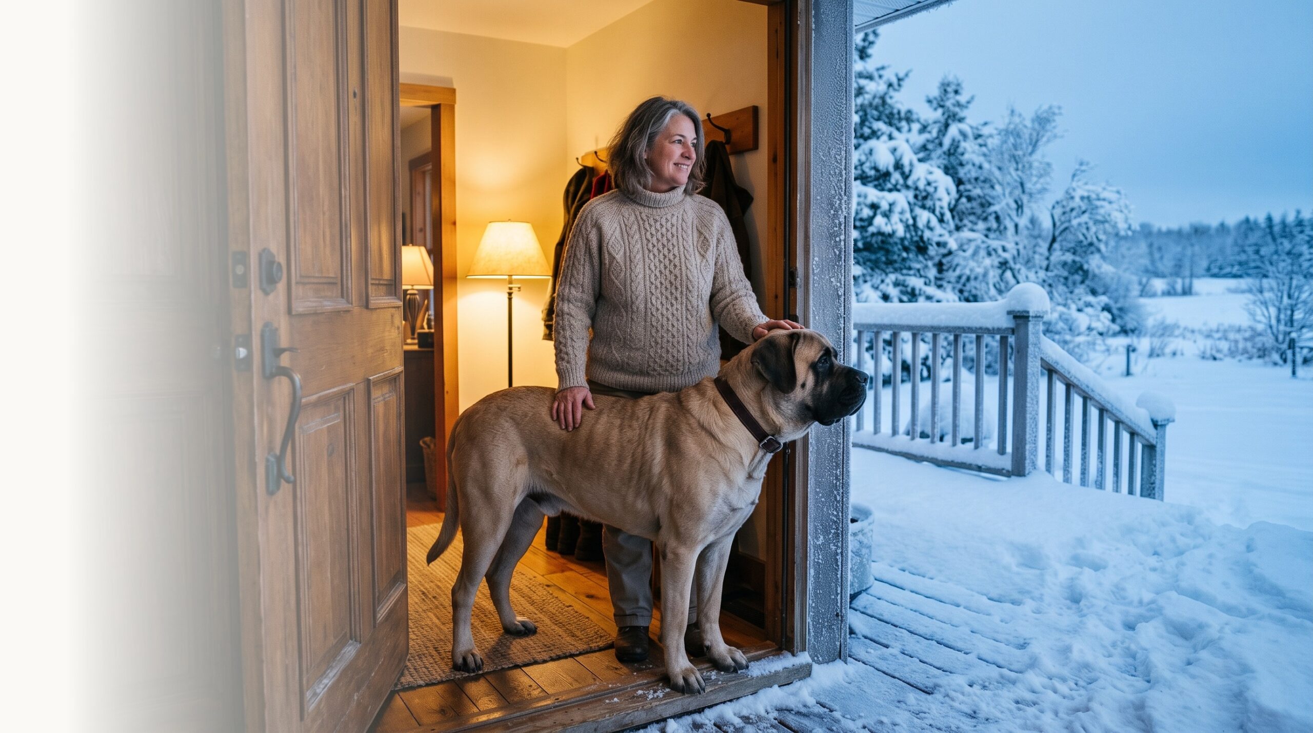 A woman and her Mastiff at the open back door of a farmhouse at dusk, looking out over deep snow and a frozen porch railing.